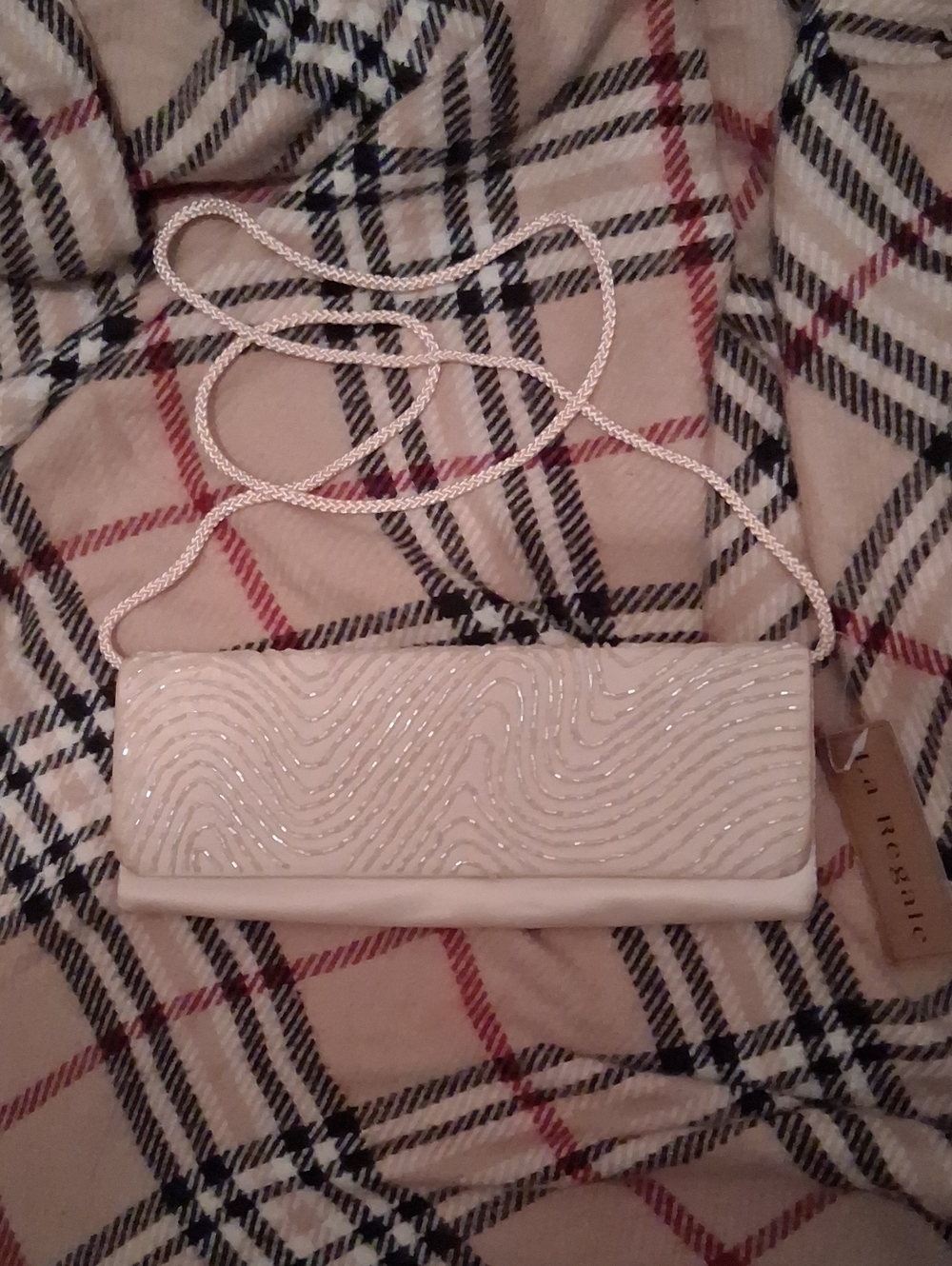 NWT La Regale Ivory Beaded Envelope Clutch Purse with Long Drop Strap 10x4